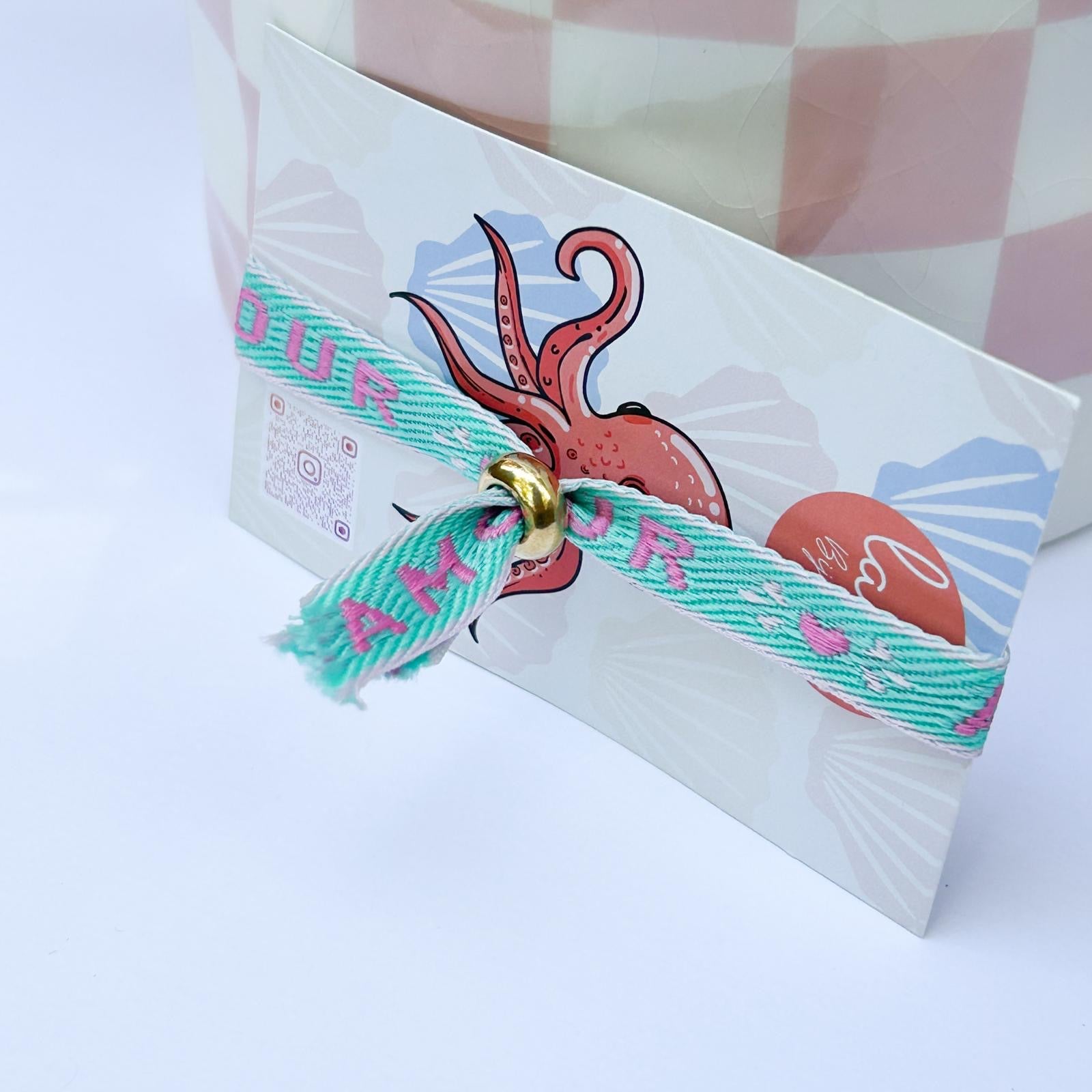 Bracelet ruban amour turquoise et rose