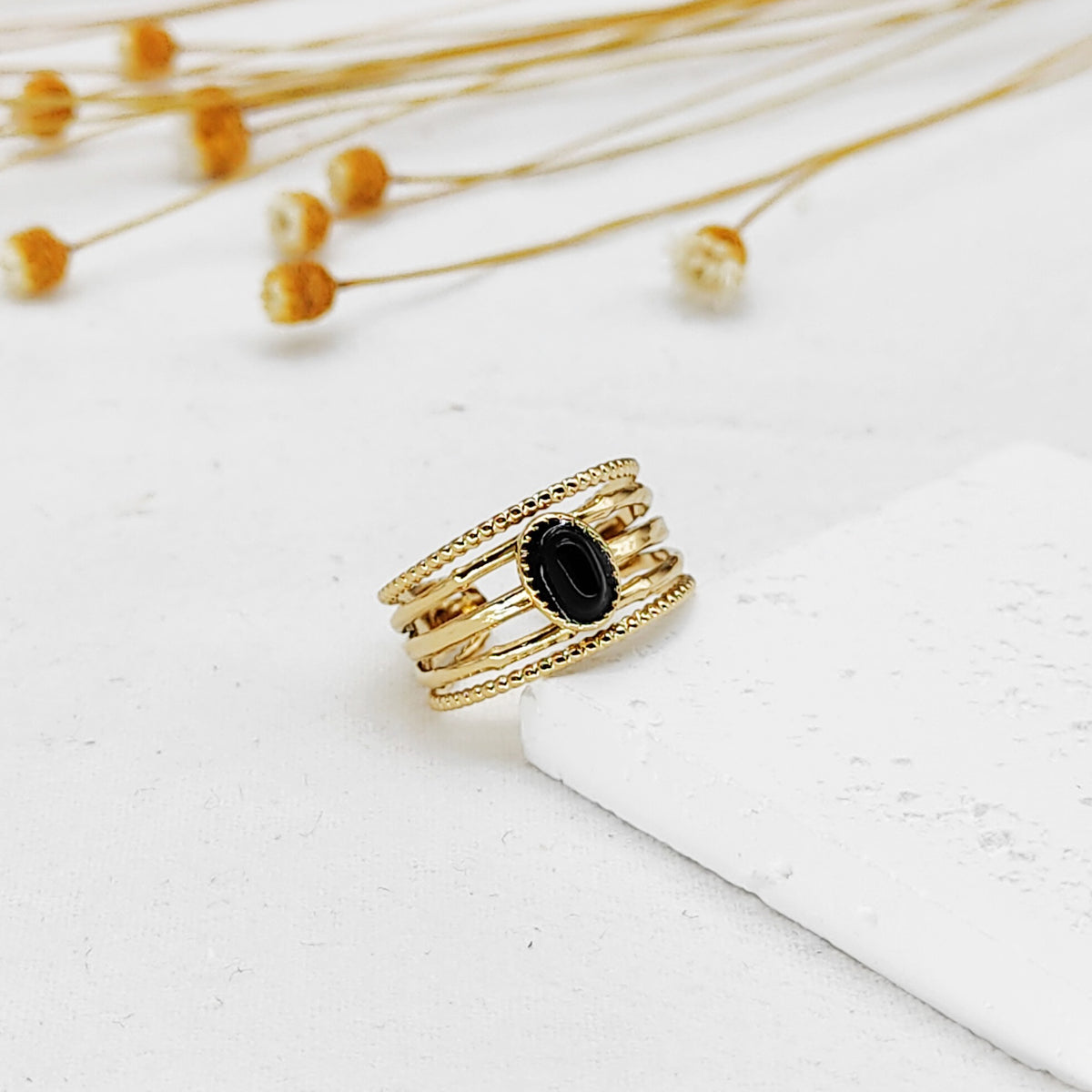 Bague Amandine pierre noire en acier inoxydable – Lany-bijoux