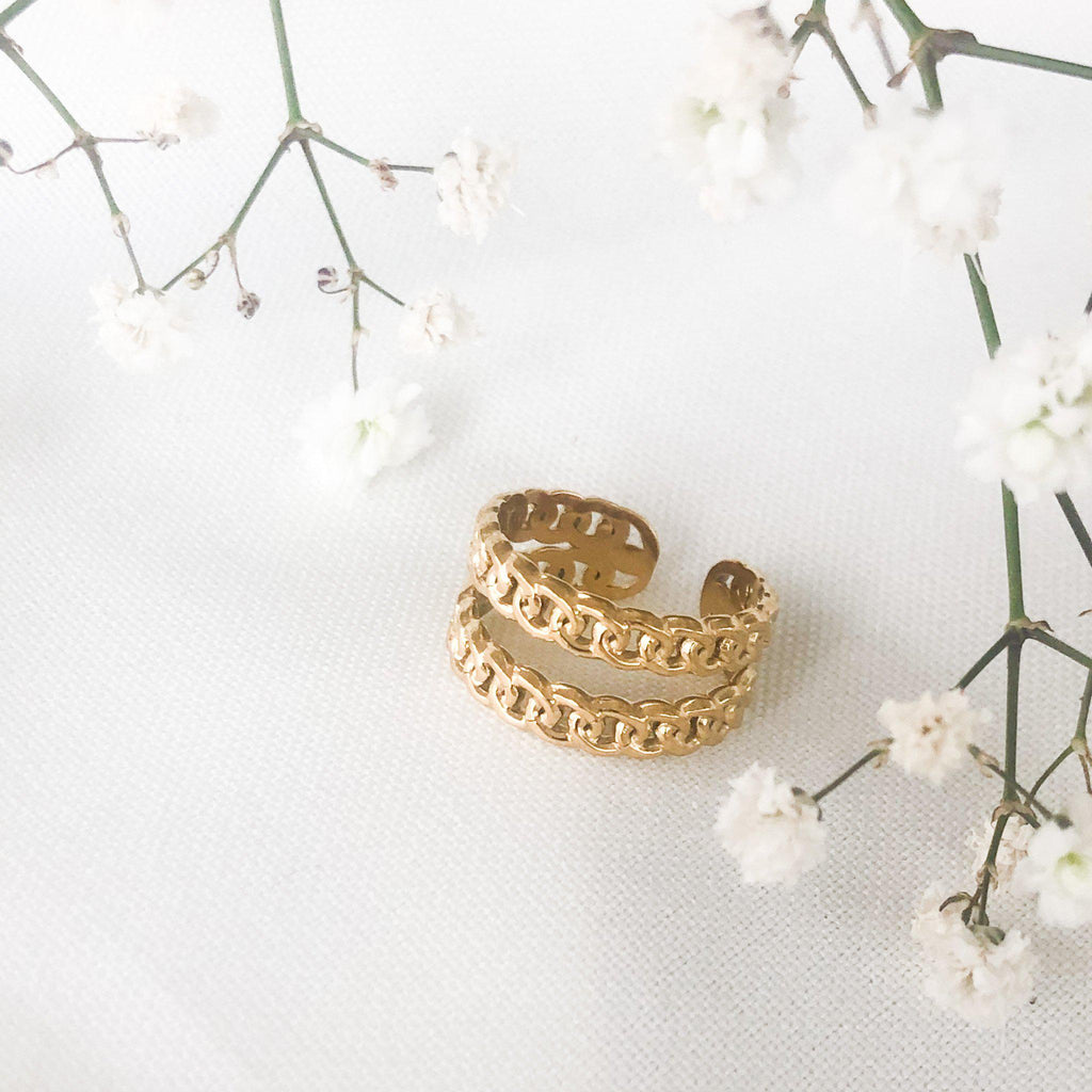 Bague moyenne double chaîne en acier inoxydable doré - modèle ajustable-Lany-bijoux