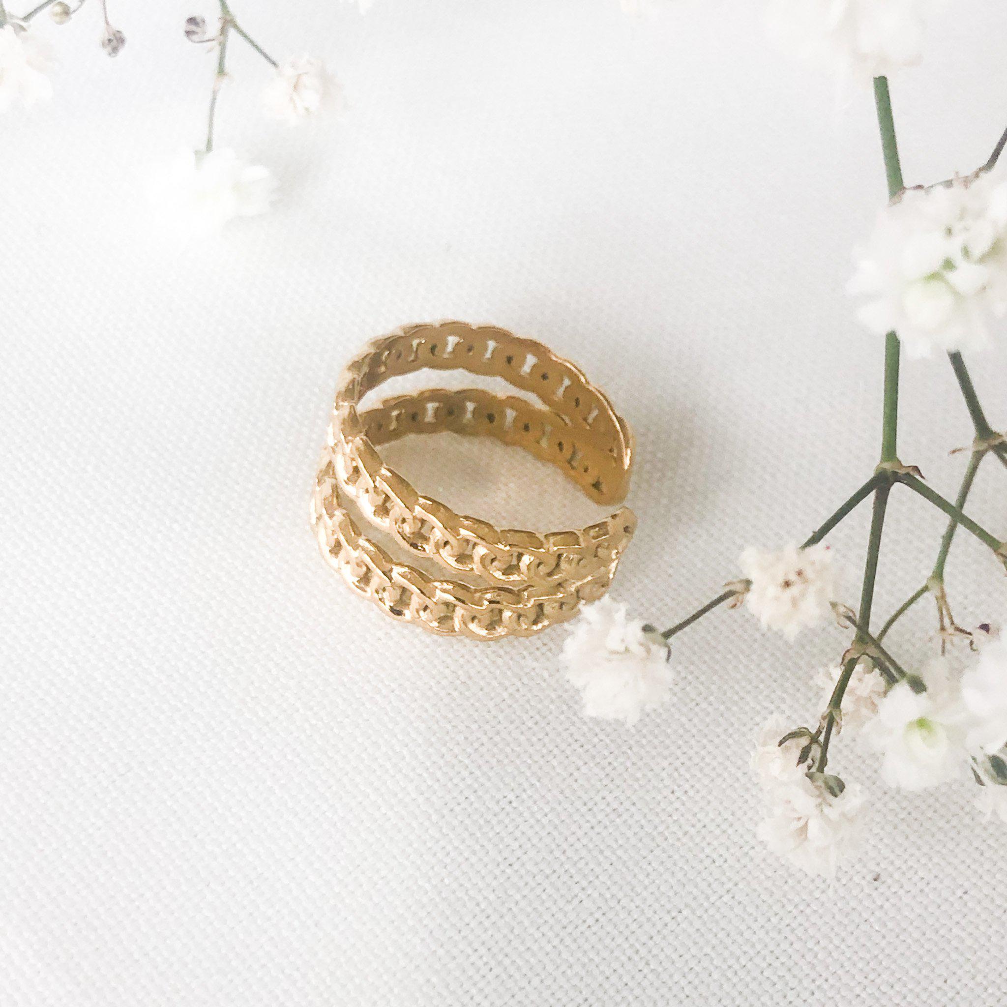 Bague moyenne double chaîne en acier inoxydable doré - modèle ajustable-Lany-bijoux