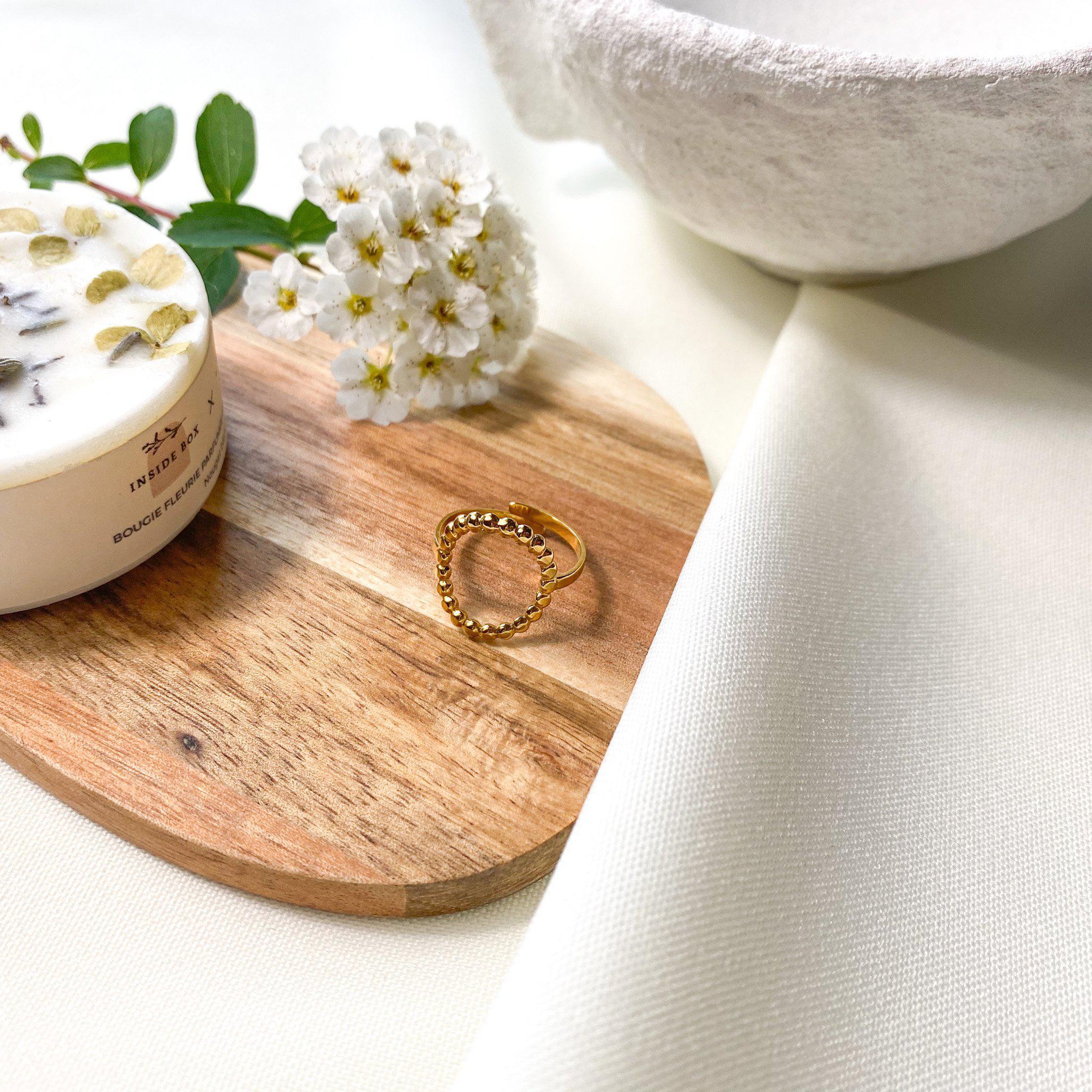 Bague rond ajouré composée de petites boules en acier inoxydable doré - modèle ajustable-Lany-bijoux