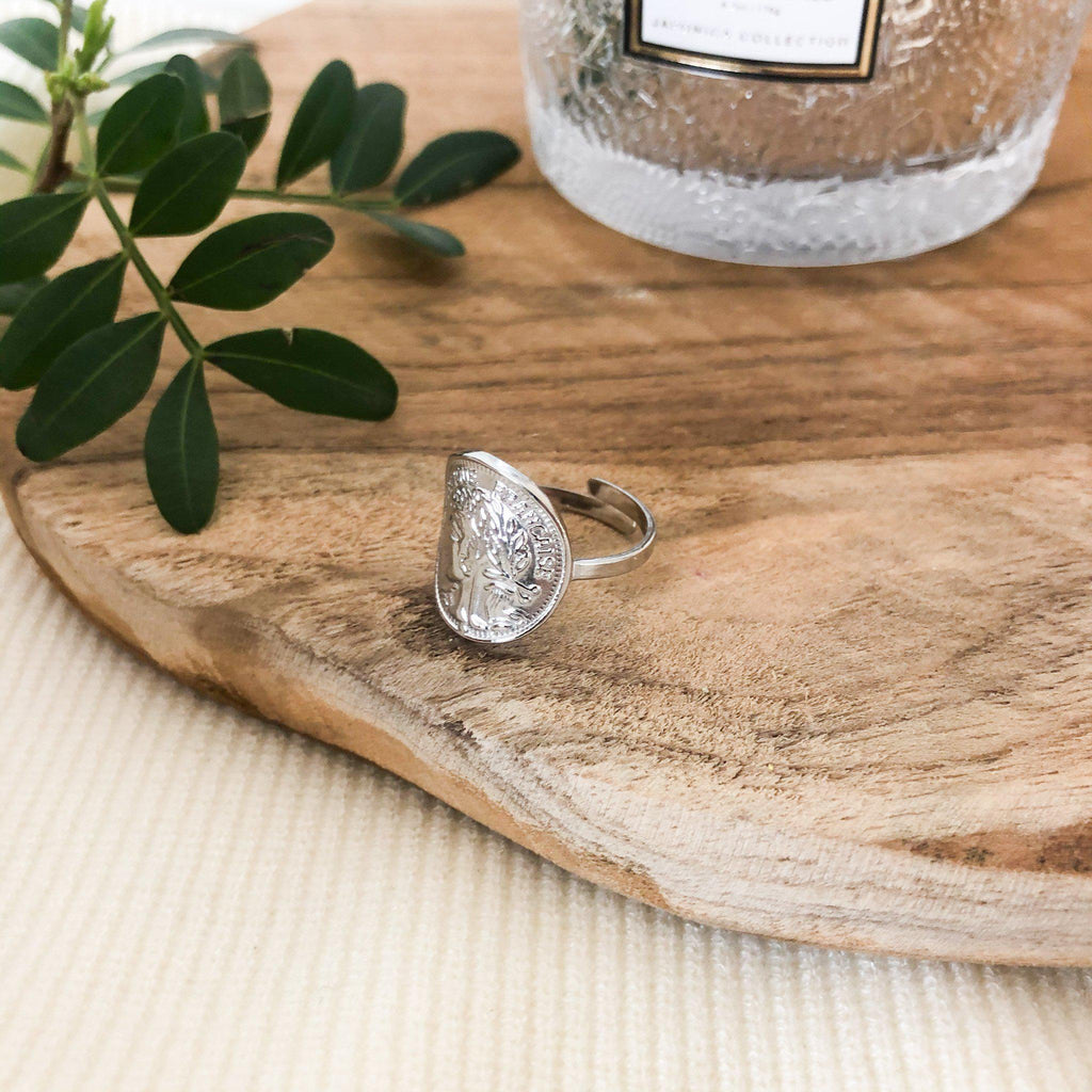 Bague pièce de monnaie en acier inoxydable argenté - modèle ajustable-bague-Lany-bijoux