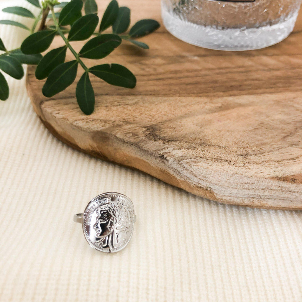 Bague pièce de monnaie en acier inoxydable argenté - modèle ajustable-bague-Lany-bijoux