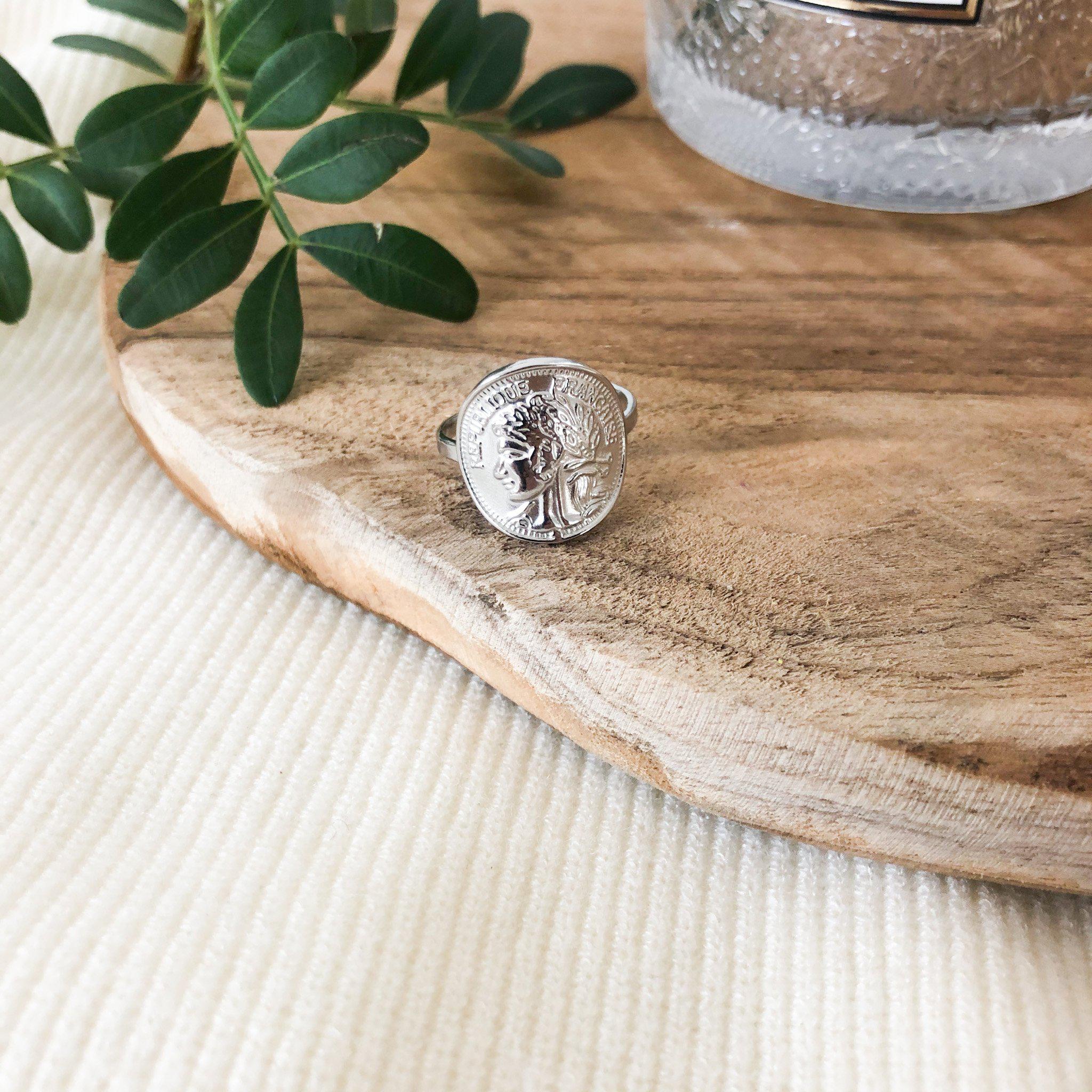 Bague pièce de monnaie en acier inoxydable argenté - modèle ajustable-bague-Lany-bijoux