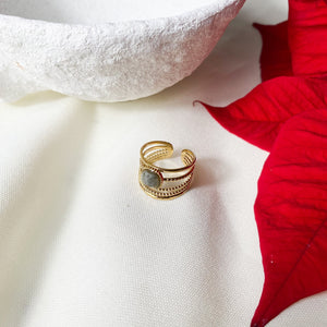 Bague gros modèle cinq anneaux fins avec pierre labradorite carre au dessus en acier inoxydable doré - modèle ajustable-Lany-bijoux