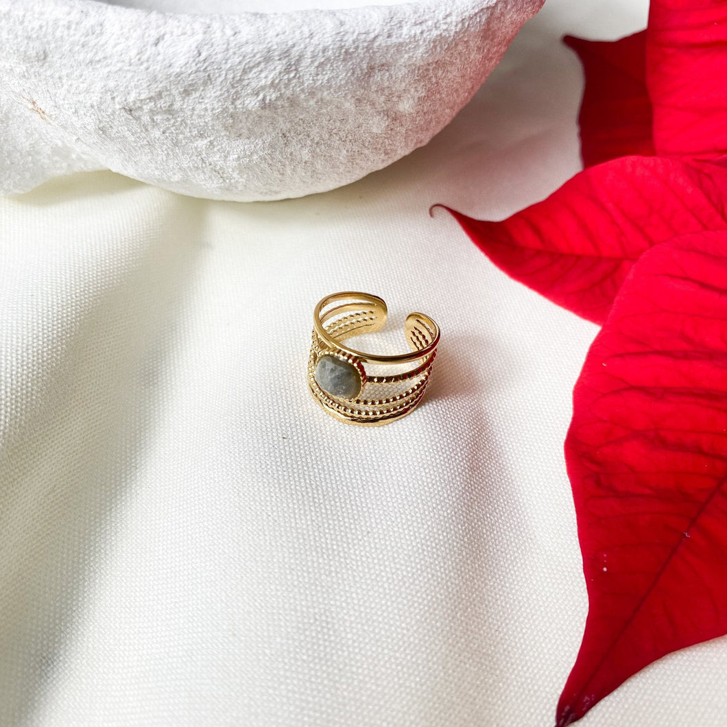 Bague gros modèle cinq anneaux fins avec pierre labradorite carre au dessus en acier inoxydable doré - modèle ajustable-Lany-bijoux