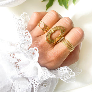 Bague tendance trois anneaux avec cercle ajouré en acier inoxydable doré - modèle ajustable-Lany-bijoux