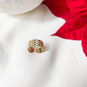 Bague trois anneaux composés de petites boules dont certaines blanches en acier inoxydable doré - modèle ajustable.-Lany-bijoux