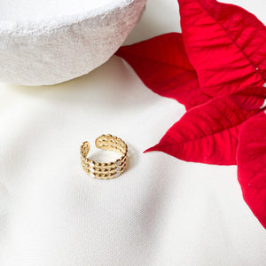 Bague trois anneaux composés de petites boules dont certaines blanches en acier inoxydable doré - modèle ajustable.-Lany-bijoux