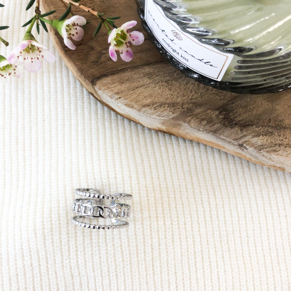 Bague Atipa trois anneaux dont un motif chaîne en acier inoxydable argenté – Lany-bijoux