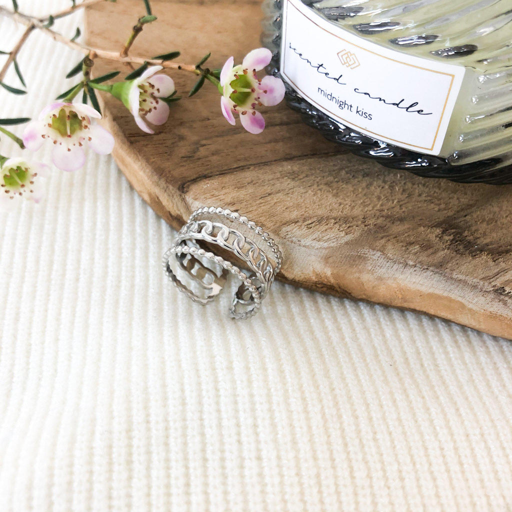 Bague Atipa trois anneaux dont un motif chaîne en acier inoxydable argenté – Lany-bijoux