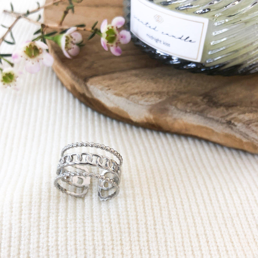 Bague Atipa trois anneaux dont un motif chaîne en acier inoxydable argenté – Lany-bijoux