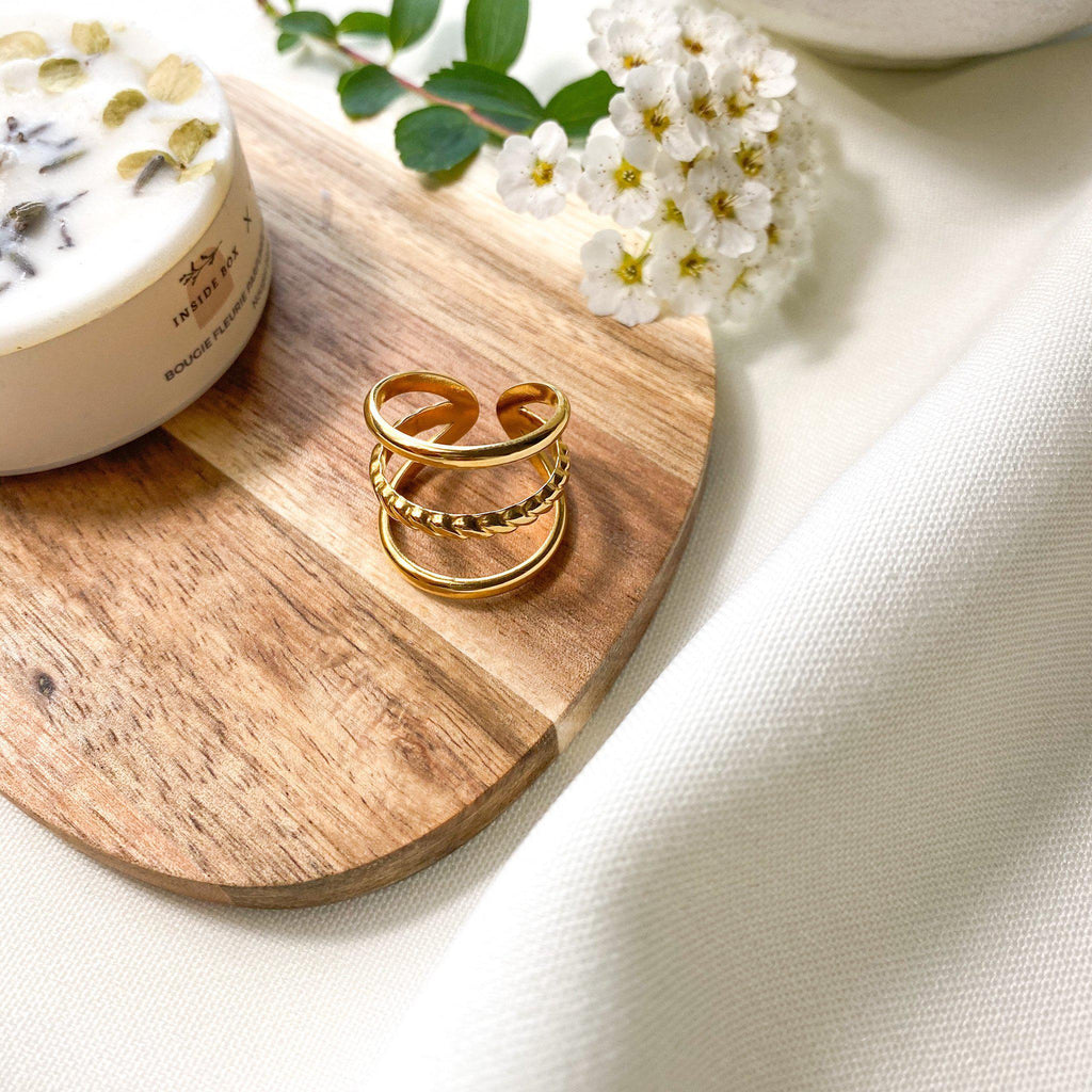 Bague Prunie trois anneaux en acier inoxydable doré, modèle ajustable – Lany-bijoux