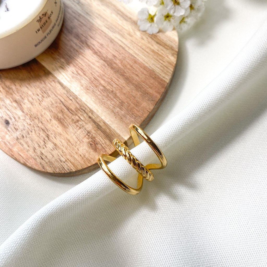 Bague Prunie trois anneaux en acier inoxydable doré, modèle ajustable – Lany-bijoux