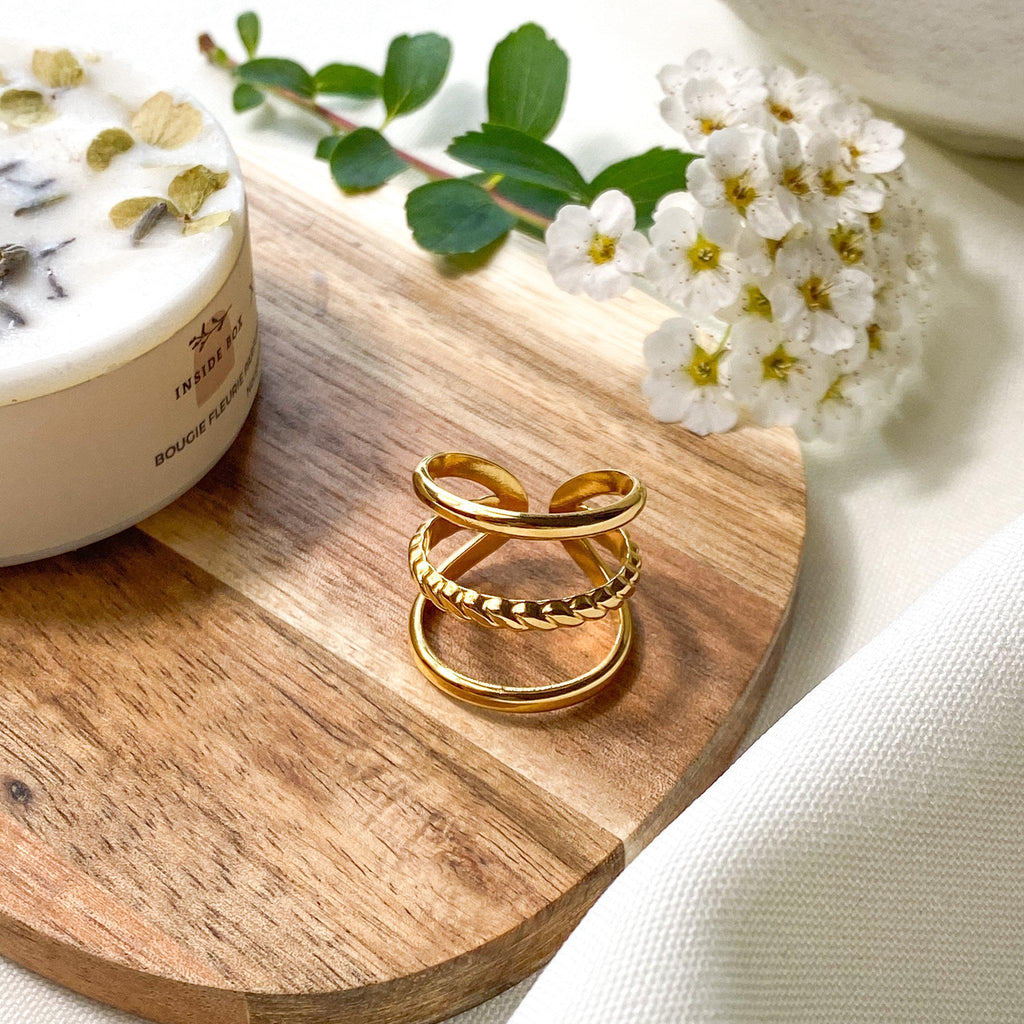 Bague Prunie trois anneaux en acier inoxydable doré, modèle ajustable – Lany-bijoux